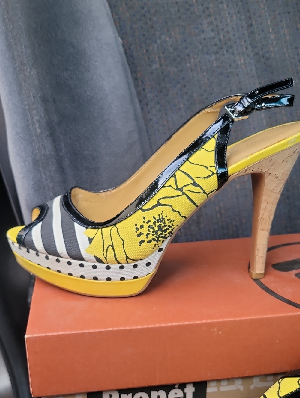 Nine West Yellow Floral & Striped Peep-Toe Slingback Heel